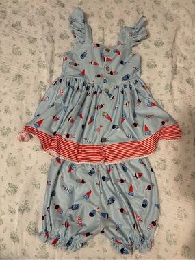 Blue Ice Cream Print Girls' Matching Set - Top & Bloomers